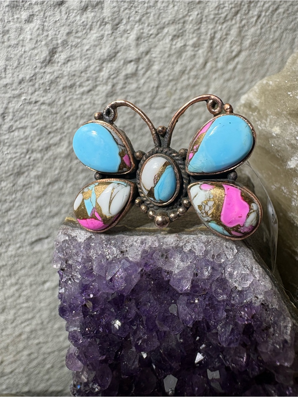 Cotton Candy Turquoise Butterfly Adjustable Copper Ring Size 5-12